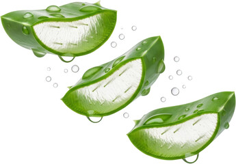Three Fresh Aloe Vera Slices With Water Droplets Cascading Down Against A Transparent Background To Isolate Green Plant Succulent Natural Healthy Hydration Moisture Transparent Background