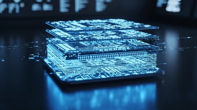 Exploded View of Stacked Circuit Boards and Microchip with Blue Illumination technology computer