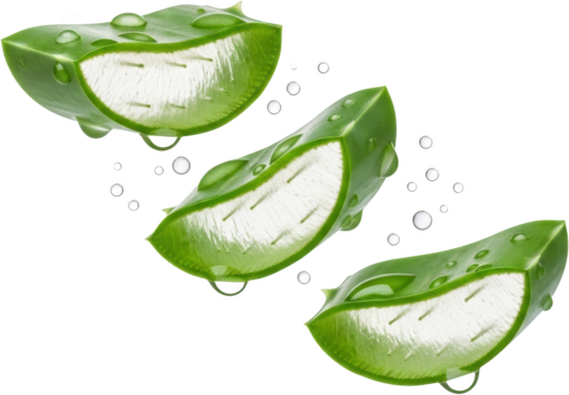 Three Fresh Aloe Vera Slices With Water Droplets Cascading Down Against A Transparent Background To Isolate Green Plant Succulent Natural Healthy Hydration Moisture Transparent Background