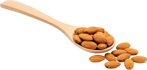A wooden spoon filled with almonds and scattered almonds beside it isolated with nuts food snack healthy natural organic raw ingredient scoop pile heap
