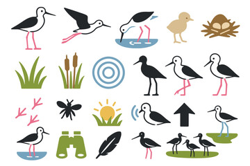 Stilt Birdwatching and Nature Icon Set with Birds, Nest, and Binoculars