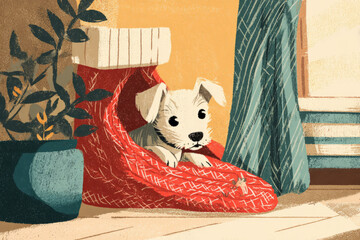 A cute puppy peeks out from a red Christmas stocking nestled in a warm corner of a retro home, surrounded by festive decor and a cheerful atmosphere