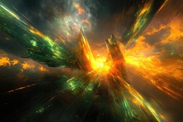 Fototapeta premium A dazzling abstract explosion of vibrant green and fiery orange energy, radiating from crystalline spires amidst a turbulent sky, evoking a cosmic event.