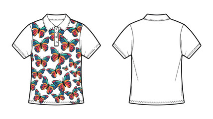 Naklejka premium Front and back view of a polo shirt with a butterfly pattern isolated on white background, showcasing vibrant and colorful butterfly designs on the front