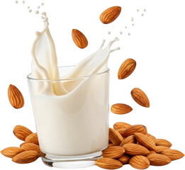 A Glass Of Almond Milk With Splash And Whole Almonds Falling Around It Transparent Background Isolate Drink Beverage Dairyfree Vegan Healthy Liquid Food Refreshment