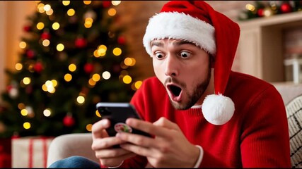 Joyful Caucasian man in Santa hat sitting near Christmas tree, typing on smartphone with surprised face after winning online Christmas lottery, festive cozy atmosphere.