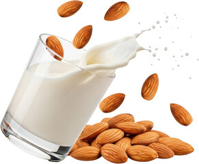 A clear glass of almond milk with a splash of liquid surrounded by scattered whole almonds falling through the air isolate Dairyfree Vegan Transparent background