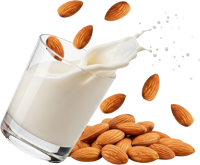 A clear glass of almond milk with a splash of liquid surrounded by scattered whole almonds falling through the air isolate Dairyfree Vegan Transparent background