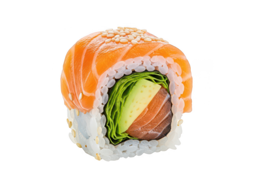 Delicious salmon sushi roll with avocado and rice on a black background on transparent background - Powered by Adobe