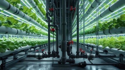 Vertical hydroponic farm, rows of lettuce under LED lights