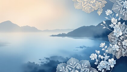 Serene Mountain Lake Landscape with Floral Lace Overlay