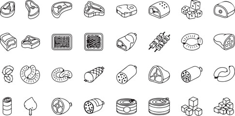 Variety of Meats Line Art Icon Set Delicious Cuts