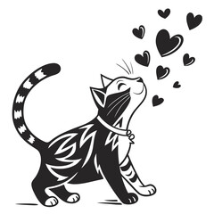 Black and white cat looking up at floating hearts with a patterned body and a collar around its neck
