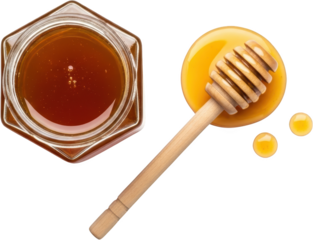 A hexagonal jar brimming with rich amber honey sits beside a wooden honey dipper on a puddle of golden liquid with two small drips nearby Isolate sweet