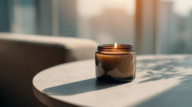 Cozy Amber Candle Flame on Table, Bathed in Soft Sunlight, Casting Delicate Leaf Shadow. - Powered by Adobe