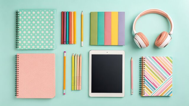 Organized creative workspace essentials including notebooks, pencils, headphones, and tablet for modern study and design projects