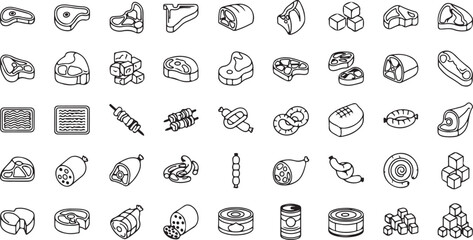 Variety of meats vector icons in monochrome doodle outline style