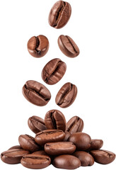 Close up view of whole roasted coffee beans falling and accumulating in a pile isolate individual brown dark closeup macro caffeine energy aroma beverage