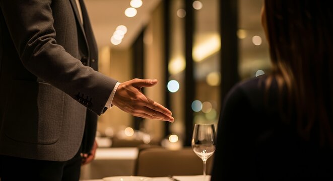 A man gestures towards a table in a restaurant, welcoming a female guest.