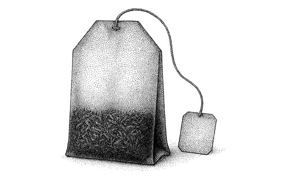 Intricate dotwork tea bag: detailed stipple art for beverage enthusiasts