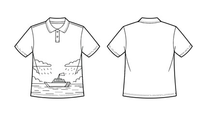 Naklejka premium Polo shirt mockup isolated on white background featuring a boat sailing on a lake with mountains and rain in the background, front and back view
