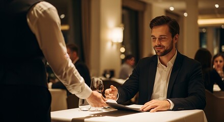 A smiling man in a suit receives a menu from a waiter at a restaurant.