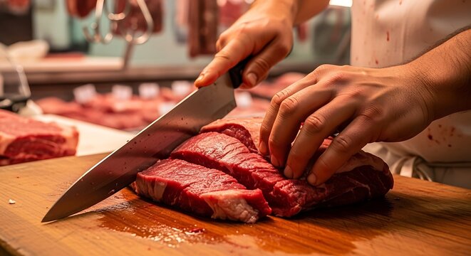 Skilled butcher slicing fresh raw red meat on wooden board
