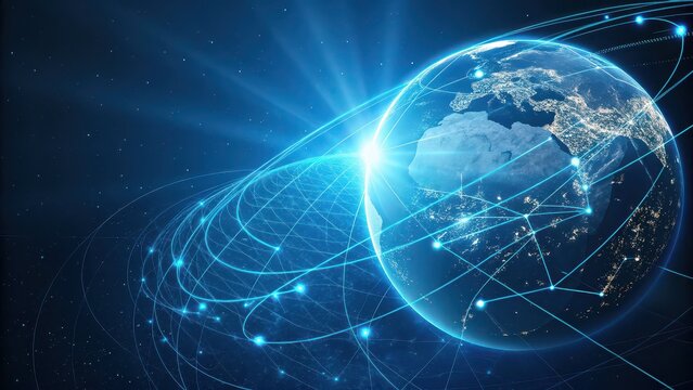 Global network connections illuminate Earth, symbolizing seamless digital communication and interconnected world business opportunities.