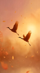Obraz premium Silhouettes of flying birds against golden orange sunset sky with falling autumn leaves
