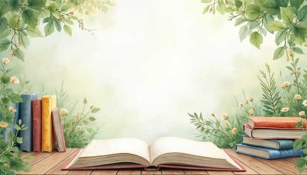 Open book and stacked volumes on wooden table with lush green foliage and delicate flowers. Soft watercolor art backdrop offers ample copy space for text.