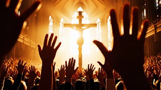 Worshippers raise hands in a church towards a crucifix bathed in golden light creating a spiritual and uplifting scene of faith and devotion during a religious service