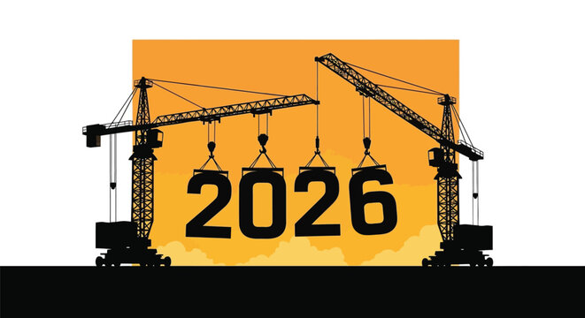Construction cranes silhouetted against an orange background with the year 2026