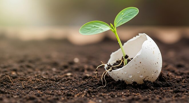 Tiny green seedling emerging from eggshell in fertile earth.