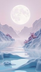 Mystical Moonlit Landscape with Lotus Flowers and Calm Water