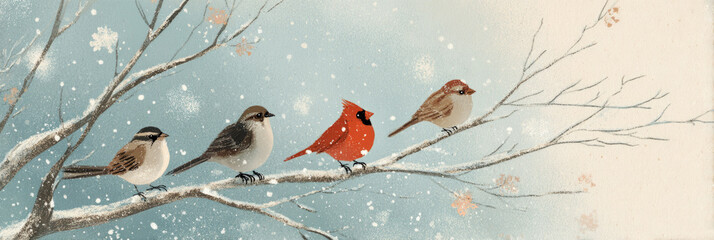 Bright red cardinals and small bullfinches adorn snow-covered branches in a nostalgic Christmas setting, capturing the charm of the 50s and 60s holiday spirit, banner