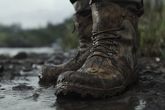 Muddy boots in water