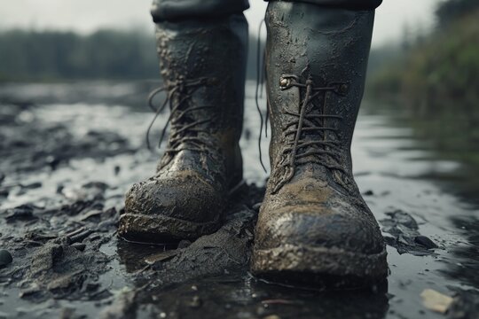 Muddy boots walking through water