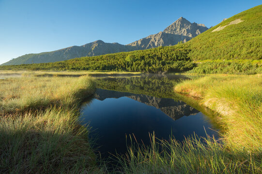 View of a still, dark pool reflecting the towering, rugged peaks and verdant slopes under a clear sky, creating a serene landscape, Biele pleso tarn, Vysoke Tatry, Presovsky kraj, Slovakia.