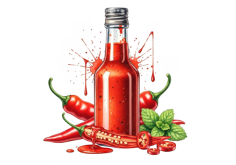 Spicy chili sauce bottle with peppers and mint leaves on black background on transparent background