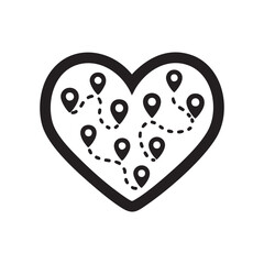 Valentine's Day Heart Map Icon with Location Pins and Dotted Romantic Route Black and White Vector