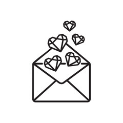 Black and White Valentine Vector Envelope with Faceted Heart Icons Love Letter Outline Illustration for Greeting Cards and Social Media