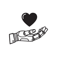 Black and White Vector Robotic Hand Holding Heart Valentine Icon for Technology Love and Futuristic Romance