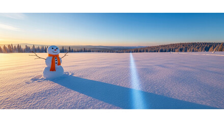 Snowman with orange scarf, standing in snowy field, reflecting the sunset. Symbolizes the winter season, holiday spirit, and serene landscape