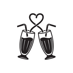 Valentine milkshake vector two glasses with intertwined heart straws romantic black and white love icon