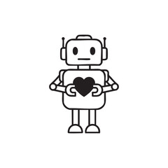 Cute Black and White Robot Holding Heart Valentine Vector Illustration