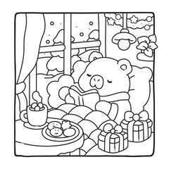 Capybara Christmas Fun Coloring Pages, Whimsical Gingerbread House Coloring Pages for Kids & Adults, Christmas Coloring Pages, bold & easy cozy winter coloring book pages, victor art. line art.
