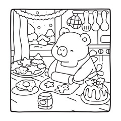 Capybara Christmas Fun Coloring Pages, Whimsical Gingerbread House Coloring Pages for Kids & Adults, Christmas Coloring Pages, bold & easy cozy winter coloring book pages, victor art. line art.