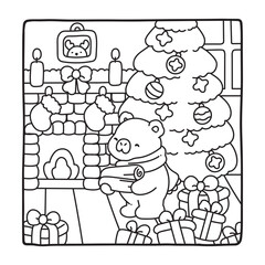Capybara Christmas Fun Coloring Pages, Whimsical Gingerbread House Coloring Pages for Kids & Adults, Christmas Coloring Pages, bold & easy cozy winter coloring book pages, victor art. line art.