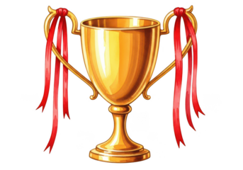 Golden trophy with red ribbons for winning an award or a competition on transparent background