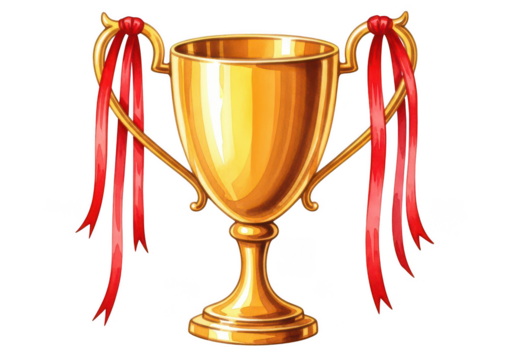 Golden trophy with red ribbons for winning an award or a competition on transparent background